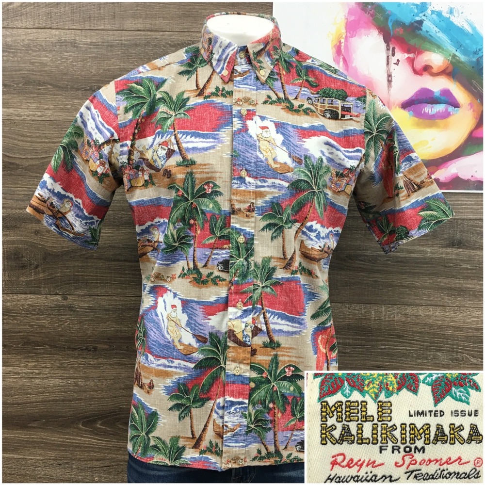 Reyn Spooner Mele Kalikimaka Christmas Hawaiian Shirt Mens Large Tan Red Surf